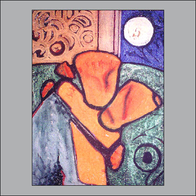 Painting titled, The Lovers: abstract painting of moonlit lovers, embracing.