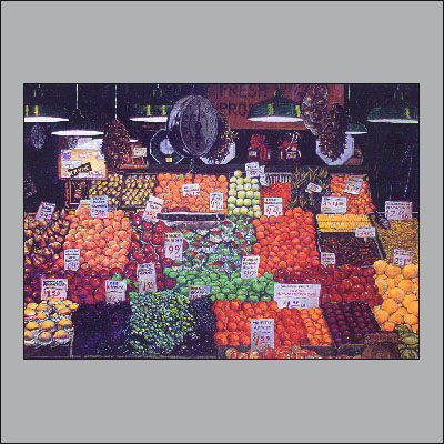 Painting title, Pike Place: painting of a Pike Place fruit stand.
