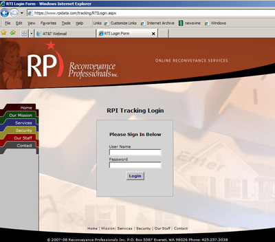 Screen-shot of Reconveyance Professionals' Homepage